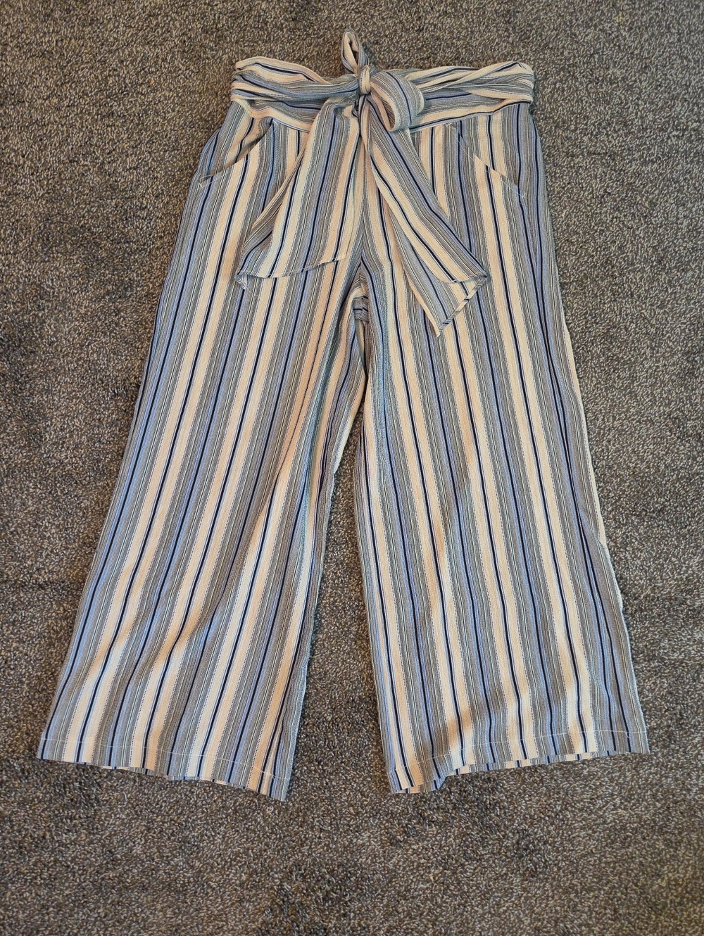 Max Studio Blue and Cream Striped Wide-Leg Tie-Waist Pants